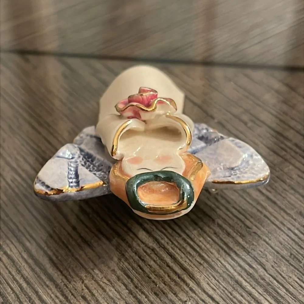 Vintage Ceramic Lusterware Angel with Rose Brooch Lapel Pin